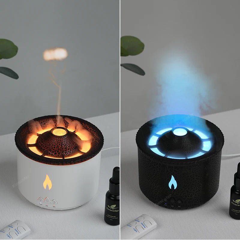 KINSCOTER Volcano Flame Aroma Diffuser with jellyfish smoke ring effect, LED lights, and 360ml capacity for aromatherapy and air humidification